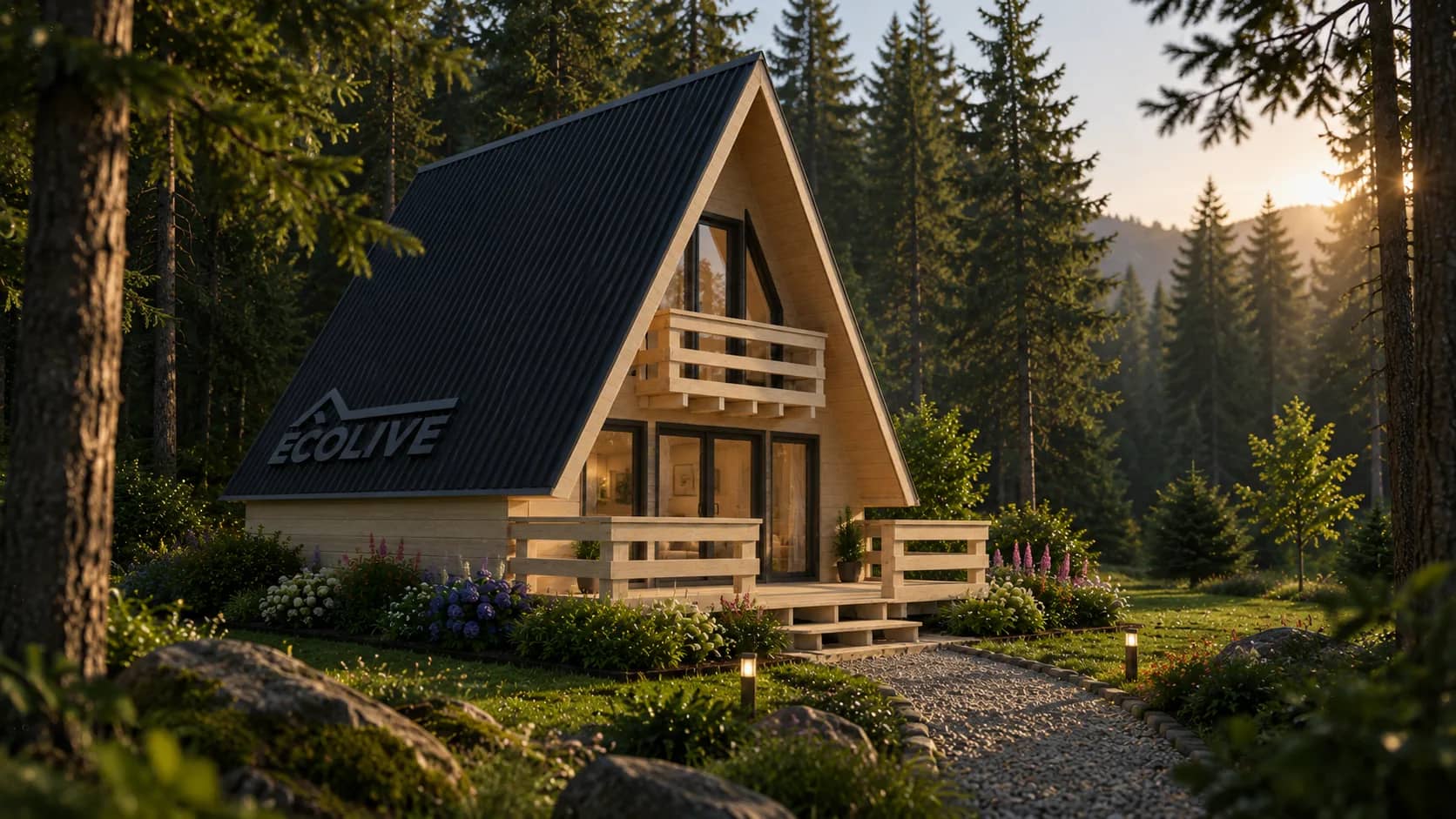 A-Frame Ecolive nel bosco al tramonto
