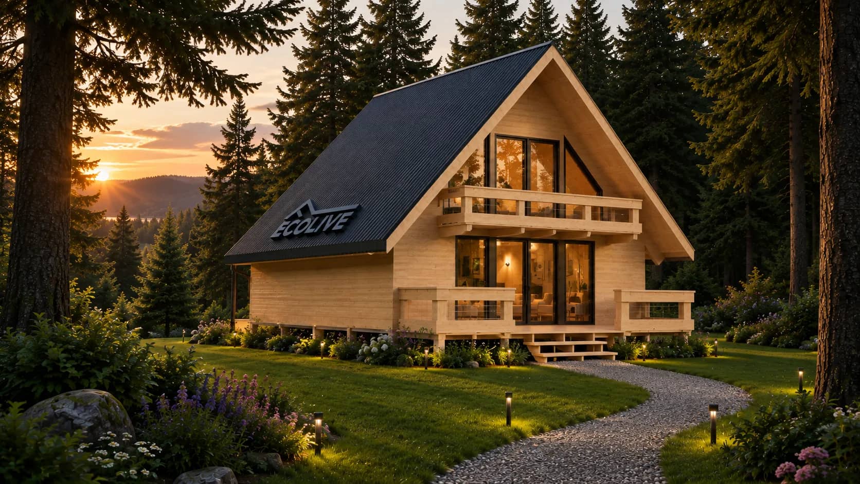 Ecolive cabin with gable balcony at sunset